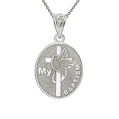 Claddagh Gold Personalized Name Religious Jewelry Sterling Silver My Baptism Dove Cross Engravable Oval Pendant Necklace - Choice of Pendant Only or Chain Length