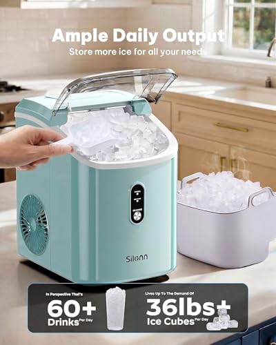 Image of Silonn Nugget Ice Maker Countertop, Chewable Pellet Ice Machine with Self-Cleaning, Portable Pebble Ice Maker with Ice Scoop for Home, Kitchen & Office, Green