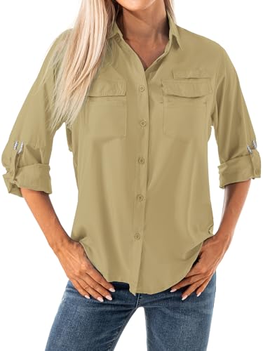 Womens Safari Shirts Long Sleeve Outdoor Sun Protection Quick Dry Fishing Hiking Shirts (5026 Mud XL)
