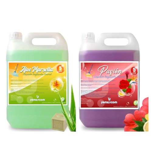 FAMILYCOM. Fregasuelos Concentrado. Fregasuelos Perfumado duradero. PH Neutro. Aroma Aloe Marsella y Pasión. 5 Litros (Marsella + Pasión)