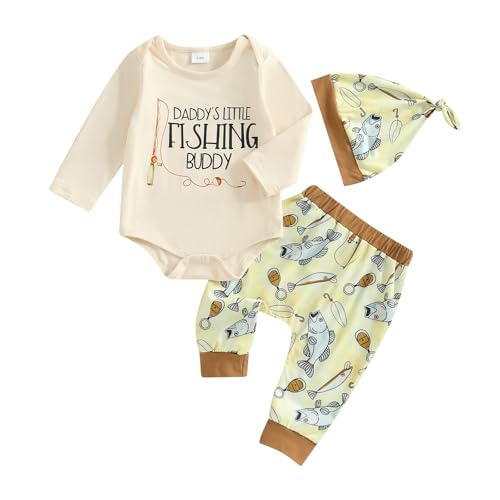 Image of GOOCHEER Newborn Baby Boy Clothes Fishing Long Sleeve Romper Shirt Tops Pants Spring Fall Outfits Hat Set