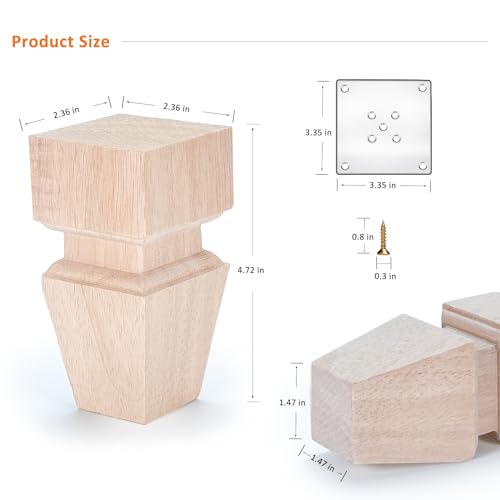 Crapapfert FEET000 5 Inch Wooden Furniture Legs, Set Of 4 Replacement Solid Wood Unfinished Square Furniture Bun Feet thumb #1