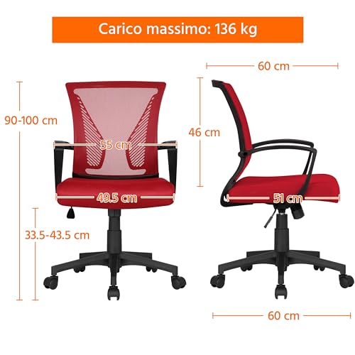 Sedia da Scrivania Ufficio Altezza Regolabile con Braccioli Girevole a Rotelle Ergonomica Lombare Reclinabile in Rete Traspirante Rossa Portata 136 kg - Sedia gaming - Immagine 2