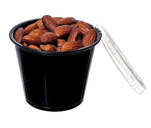 Crystal Ware Plastic Portion Cups with Lids, Condiment Cup, Jello Shot, Soufflé Portion, Sampling Cup (Black, 5.5oz 100 Cups/Lids)