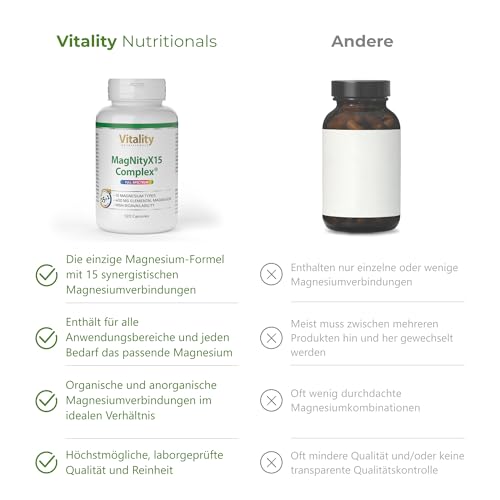 Magnesium Komplex MagNityX15 15 Magnesiumverbindungen inkl. Magnesium Bisglycinat Citrat & Malat 400 mg pro Tagesdosis 120 Kapseln Muskeln Knochen Nerven Vitality Nutritionals by Vitamin Express