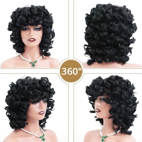 Short Curly Wigs for Black Women Afro Big Curly Wig with Bangs Black Soft Bouncy Fluffy Heat Resistant Synthetic Wig for Daily Party Use (Natural Black,14Inch)