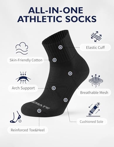Image of CLOSEMATE 6 Pairs Mens Athletic Ankle Socks Cushioned Running Quarter Socks | Cotton socks with breathable mesh, terry cushion & secure fit for sports, sneakers& daily wear