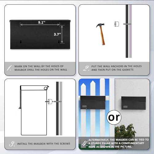 Image of xydled Locking Wall Mount Mailbox with Key Lock, Steel Mailbox, Black | Hanging Metal Mailbox, Modern Post Box for Outside, Secure key lock mailbox for letters and magazines, 14.57 inchx7.09 inchx3.4 inch
