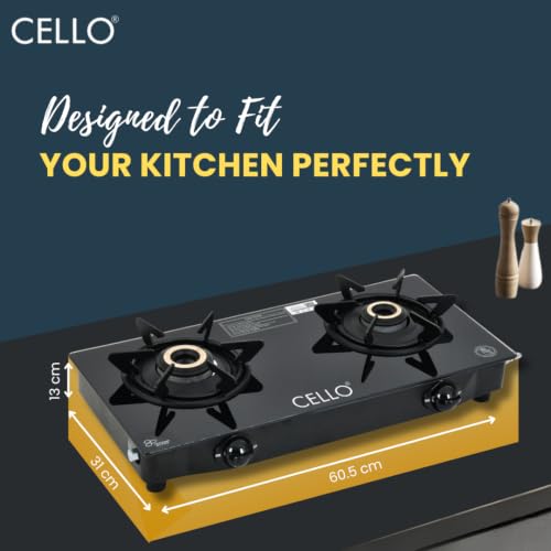 Image of Cello DEZIRE PRO PLUS 2 Burner Gas Stove | Manual Ignition | Direct Flame Brass Burners | 6mm Toughened Glass Top | Hexa Pan Supports | ISI Certified | LPG | 1Yr Warranty