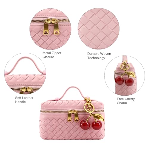 Image of Small Woven Box Crossbody Bags for Women Designer Leather Mini Top Handle Clutch Purse Square Vanity Bag with Cherry Charm