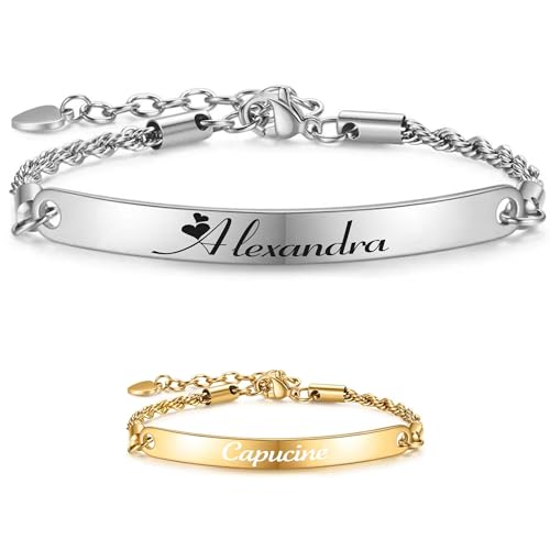 KDO MAGIC - Bracelet personnalisé femme - Prénom gravé - Métal argenté ou doré - Gourmette torsadée - Bijoux personnalisé - Idée cadeau femme - Cadeau...