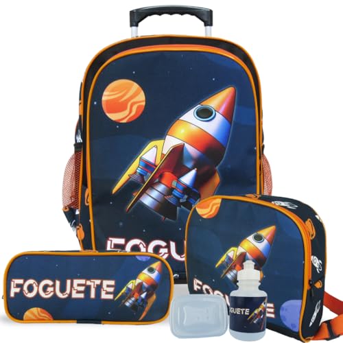 Kit Mochila Foguete Com Rodinhas Tam G com Lancheira e Estojo