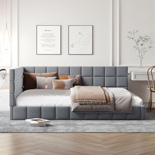 MWrouqfur Full Corner Daybed with Velvet,L Shaped Day Bed with Upholstered Armrest,Modern Sofa Bed Frame,No Box Spring Needed(Gray)