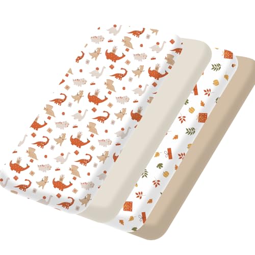 Image of Bimocosy Pack and Play Sheets Fitted 4 Pack, 38 x 26 Inch Pack n Play Mini Crib Sheets for Boys and Girls, Soft Stretchy Playard Mattress Sheets for Graco Pack n Play, Dino Harvest