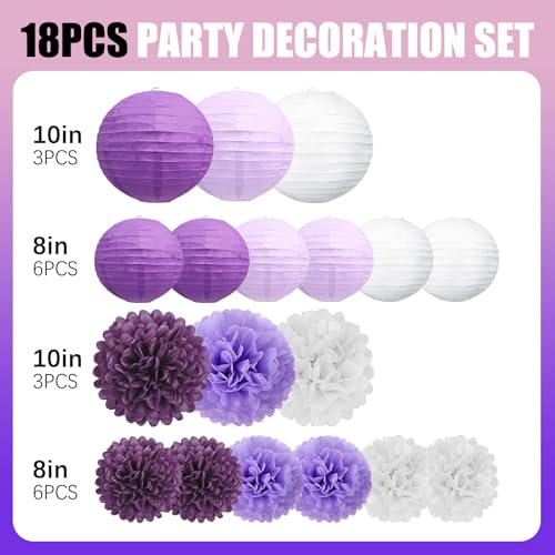 Image of 18 PCS Purple White Paper Lanterns & Tissue Paper Pom Poms for Women Birthday, Baby Shower, Wedding, Bridal Shower, Hanging Paper Decor for Graduation Theme Party Supplies