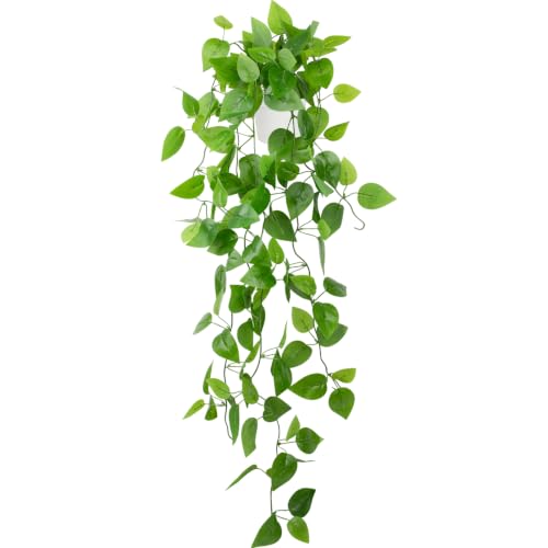 Image of LOYWREE Small Fake Hanging Plant Artificial Potted Plants for Indoor Outdoor Aesthetic - 39in Realistic Faux Hanging Pothos with Ivy Vine for Shelf Decor in Home Office Gardens Greenery (White Pot)