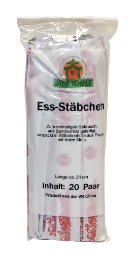 JADE TEMPLE Einweg Essstäbchen aus Bambus, 21 cm, paarweise verpackt mit asiatischem Motiv, geschmacksneutral, 20 Paare pro Vorteilspackung