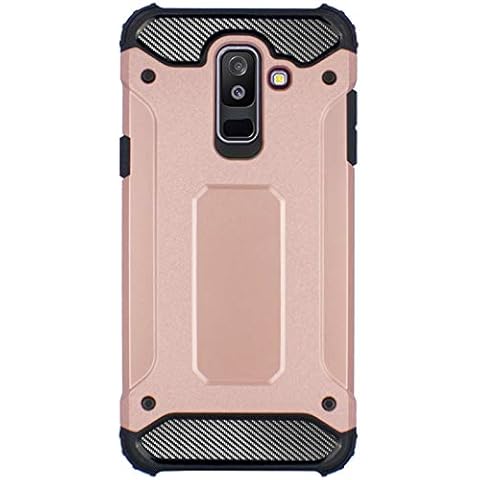 Gadget Giant Carbon Fibre Heavy Duty Case for Samsung Galaxy A6 Plus 2018 Shockproof Ultra Slim Dual Layered Impact Resistant Back Case Cover - Rose Gold Cover
