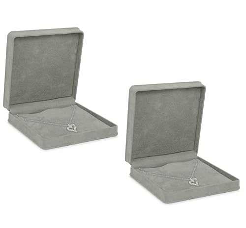 Gray Velvet Necklace Box, 2 Pack, Rich Luxury Suede, Elegant Diamond Necklace Case, With Black Velour Interior, Jewelry Display Gift Box, For Unique Proposal, Engagement Or Wedding