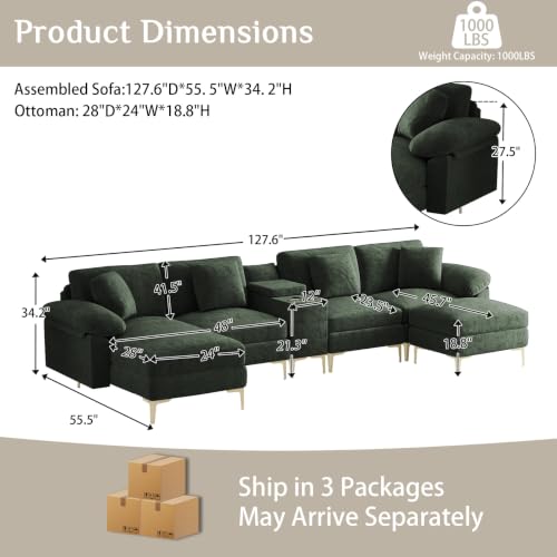 Image of OUYESSIR U-Shaped Sectional Sofa Couch, 4 Seat Sofa Set for Living Room, Convertible U-Shaped Chenille Couch Set with USB Port Central Console Ottoman,128 inches (Green)
