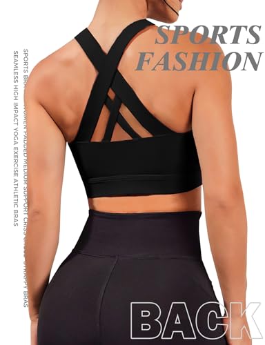 Image of Buauty 2 Packs Sports Bras for Women, High Impact Yoga Workout Bra, High Support Criss-Cross Back Bras for Large Bust, Wireless Padded Athletic Strappy Racerback Sports Bra, Black+Grey L