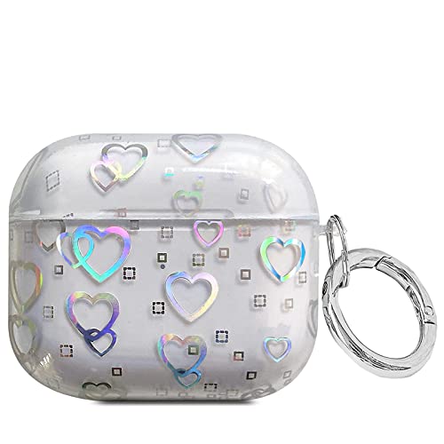 J.west Compatible With Airpods 3 Case Clear Laser Glitter Heart Pattern Fashion Flexible Soft Durable Slim Shockproof Airpods Case With Keychain For Airpods 3Rd Generation For Women Girls #TOP23