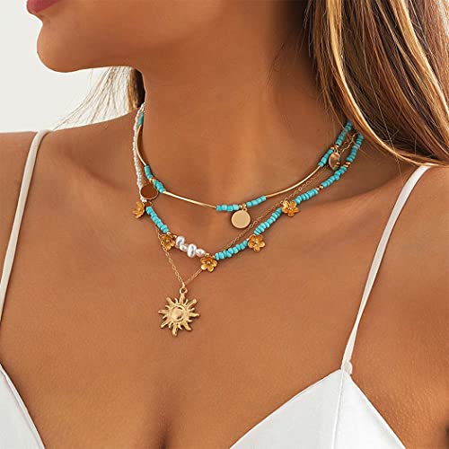 Sixexey Boho Layered Sun Necklaces Gold Neck Chain Turquoise Necklaces Chains Pearl Pendant Necklace Jewelry Summer Beach Necklace Accessories For Women (A) #TOP2