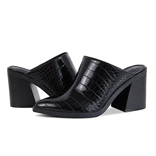 JeimPoey Womens Mules Pumps Point Closed Toe Slip-on Heels Stacked Chunky Block Heel Backless Clogs Black Snake