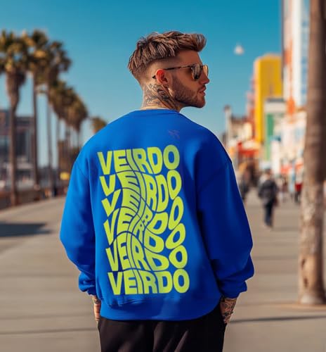 Image of Veirdo Cotton Polly Fleece Oversized Fit Blue Graphic Sweatshirt for Men