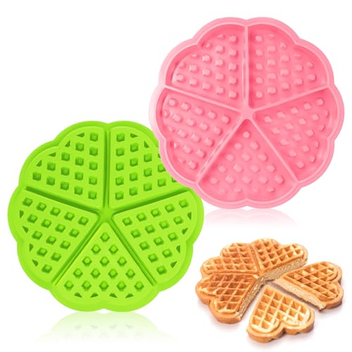 Byffoer 2 moldes de silicona para gofres, forma de corazón, molde de silicona para hornear magdalenas, molde para gofres, molde para gofres y gofres verdes, 5 huecos, antiadherentes para gofres