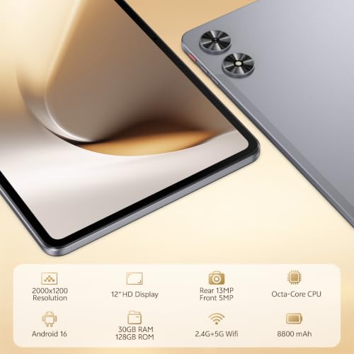 Image of 12 Inch Android 16 Tablet, 2K Display, 30GB RAM, 128GB Storage Expandable | Android Tablet 8800mAh battery with USB-C GPS Face Unlock Widevine L1 for Streaming, Screen Protector gift box included