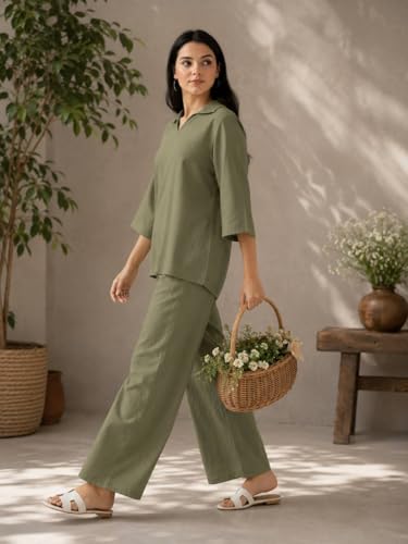 Image of Women's Co Ord Set for Women - Relaxed Fit Collared Top with 3 /4 Sleeves & Wide Leg Palazzo Pants, Casual Lounge Wear Matching Outfit for Daily Wear, Travel & Office