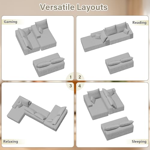 Image of 166.9 inch Cloud Sectional Couch with L-Shape Chaise, Modern Modular Comfy Sofa Chaise Longue, Upholstered Corduroy Couches Sleeper with Deep Seat for Living Room Bedroom, No Assembly Required, Grey