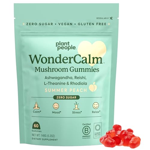 Plant People WonderCalm Mushroom Gummies - Natural Ashwagandha Supplement to Ease Stress & Boost Mood for Adults without Sugar, Gluten or Artificial Colors, Vegan-Friendly, Peach Flavor, 60 Count