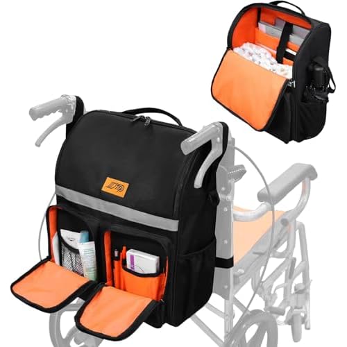 Wheelchair Bag, Wheelchair Bag to Hang on Back, Wheelchair Backpack, Large Waterproof Wheelchair Accessories Pouch with Reflective Strips for Adult & Senior (Black)