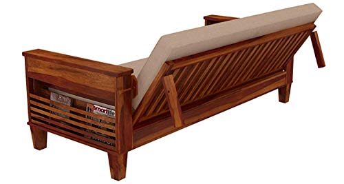 Image of Varsha Furniture Foldable 3 Seater Sheesham Wooden Bed Cum Sofa for Living Room | Sofa Cum Bed | Mattress Included | Made with Indian Sheesham Wood- Honey Finish, Brown