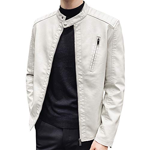 Womleys Mens Casual Stand Collar Slim Fit Faux Leather Jacket Biker Motorcycle Jacket (Ivory, Medium) #TOP1