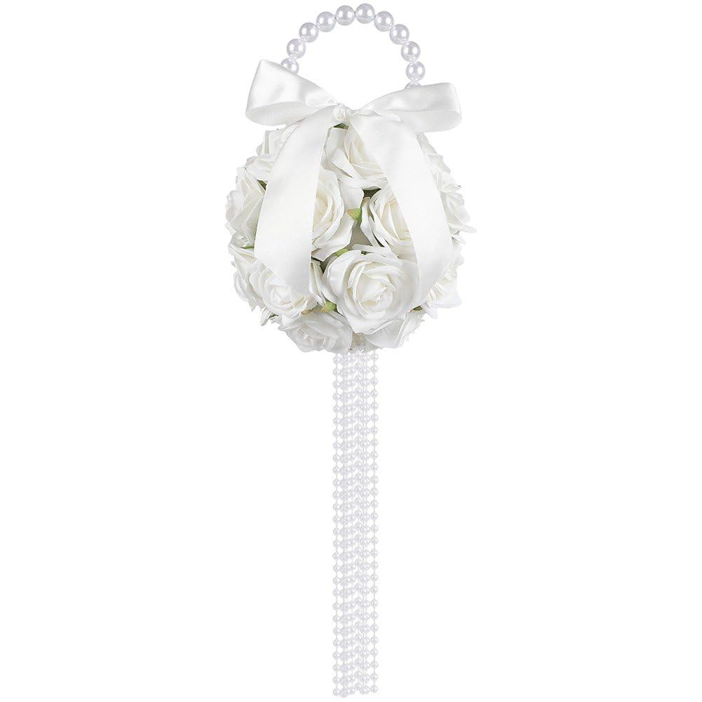 Sslvya Artificial Flowers Bridal Bouquet with Pearl Handle, Bridal Bouquet with Pearl Tassel for Wedding Party Bride Bridesmaid