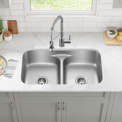 KRAUS Premier 32 in. Undermount 50/50 Double Bowl 18-Gauge Stainless Steel Kitchen Sink and Commercial Style Pull Down Faucet in Spot-Free Stainless Steel, KCA-1200 by Kraus - Image 2