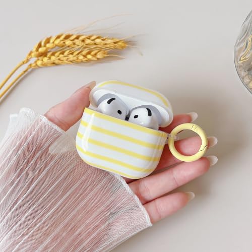 Image of MINSCOSE for AirPods 4 Clear Case,Cute Stripes Aesthetic Pattern Design with Trendy Keychain Ring,Soft TPU Anti-Drop Shockproof Protective Cover with Cleaner Kit for Girls Women-Yellow