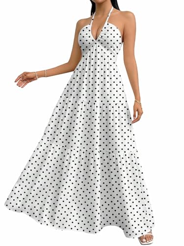 Image of SHENHE Women's Deep V Neck Tie Knot Backless Halter Dress A Line Flowy Ruffle Maxi Dress