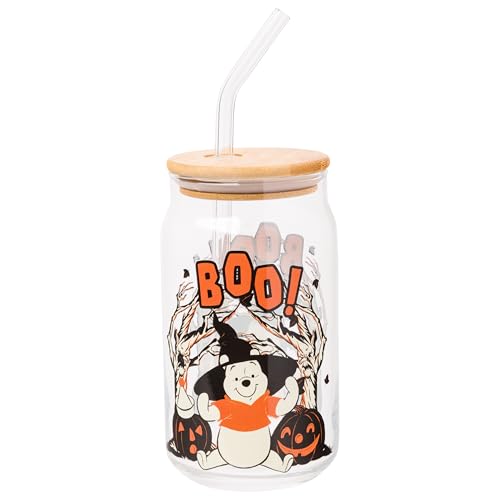 Silver Buffalo Disney Winnie the Pooh Halloween Spooky Boo Witch Hat Jack-o-Lantern Glass Jar Tumbler with Bamboo Lid and Glass Straw, 16 Ounces
