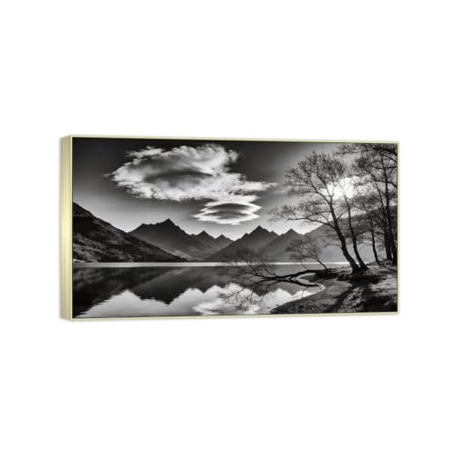 Tableau paysage montagne noir et blanc 80x145 cm avec grand cadre argenté