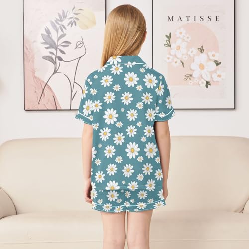 White Daisy Pattern Summer Satin Pajama Set, Cute Button-Down Sleepwear Pj Set for Sleep Wears4