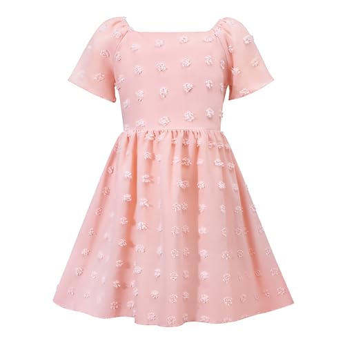 Image of HILEELANG Girls Summer Dress Bow Tie Back A-Line Party Dress for Little Big Girls Short Sleeve Dress with Lining 6-12 Years