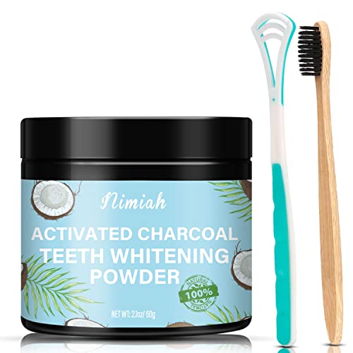 Activated Charcoal Teeth Whitening Powder Natural Coconut Teeth Whitener 2.1 oz with Bamboo Brush & Tongue Scraper by Nimiah