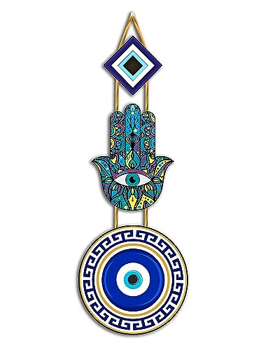 Image of ANGEL INFINITE Wooden Evil Eye Wall Hanging Decor for Home Entrance | Nazar Suraksha Hamsa Hand Wall Decor | Decorative Hanging for Living Room, Bedroom, Office & Balcony | Multicolor | 18 Inch