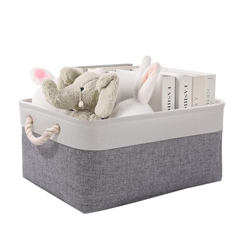 June tech Small Fabric Storage Basket, Waterproof Foldable Storage Baskets, Canvas Storage Boxes for Wardrobe, Bedroom, Office Products (Grey & White, 12.2x8.2x5.1inch)