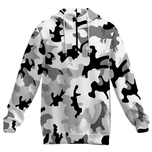 Military Camouflage Black And White Hunting Men's Quarter Zip Drawstring Hoodies Long Sleeve Sweatshirt Casual Pullover4