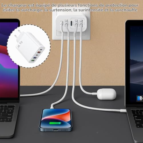 BOULESENM Prise Chargeur Rapide,Chargeur USB C Multiple, 65W 5-Port Prise Multiple USB,Adaptateur d'alimentation,Prisé Secteur USB C,Multi Secteur PD+QC 3.1A Type C Adaptateur – vue 6